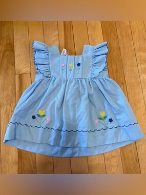 Vintage baby girls jumper dress blue ruffles floral cottagecore 18m scalloped